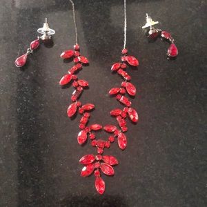 Ruby red rhinestone necklace and earrings